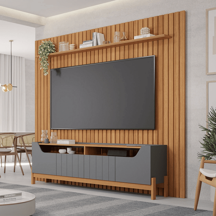 Rack com Painel 2.3 Ripado para TV 75 Polegadas em MDF Permóbili Moema Nature/Grafite