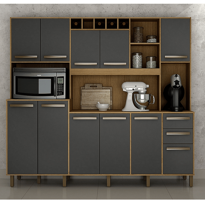 ArmÁrio de Cozinha Kit 11 Portas Petra com 2 Gavetas Cinamomo com Grafite - Valdemóveis