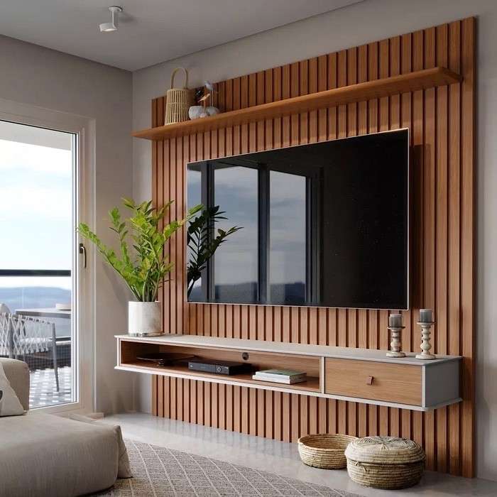 Painel Ripado Home para TV até 75 Polegadas 1 Gaveta 1 Nicho Detroit Nature/Off White - Tebarrot