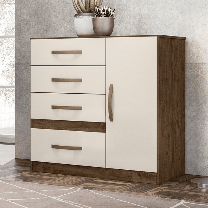Cômoda para Quarto Com 4 Gavetas 1 Porta Moval Vênus Castanho/Off white