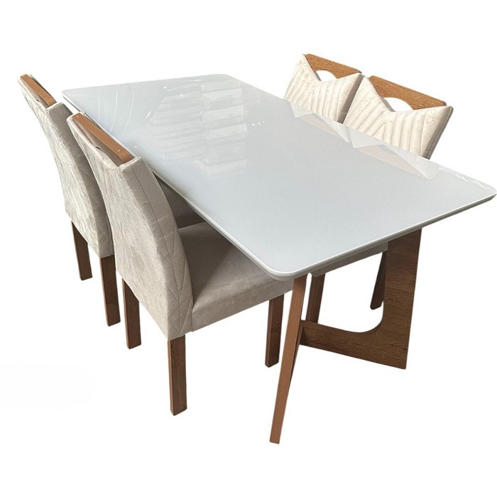 Conjunto Mesa com Vidro Dubai 120x90 com 4 Cadeiras Nevada Off White Cinamomo – Cel Móveis