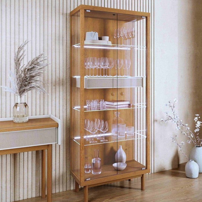 Cristaleira Dune 73cm Imcal Nature/Off White 4 Prateleiras Vidro LED Integrado Base Madeira Maciça