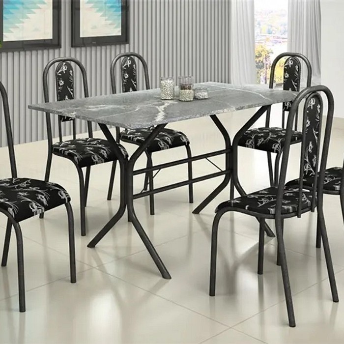 Conjunto de Mesa Teixeira Cabo Frio com 6 Cadeiras Lisboa Martelado Preto 140x75