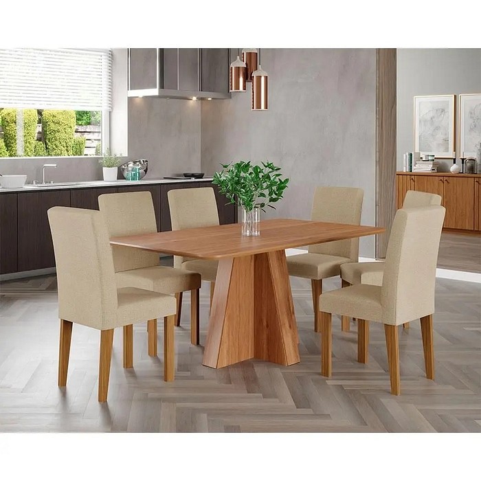 Mesa 6 Cadeiras em MDF Sem Vidro 160X80 Retangular Cimol Maite Cinamomo/Off White