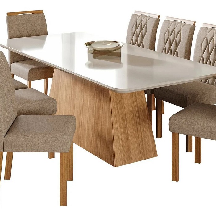 Conjunto de Mesa de Jantar Com 8 Cadeiras Cimol Helena  Retangular 210X100 Nature/Off White/ Linho Bege