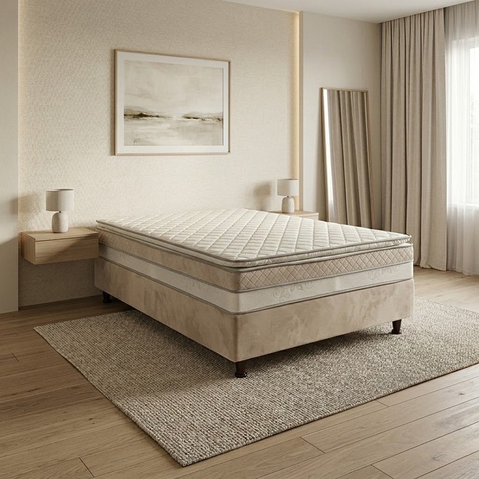 Cama Box Casal Conjugada 138x188x69 Malu Charm Premium Tec em Malha - Bege