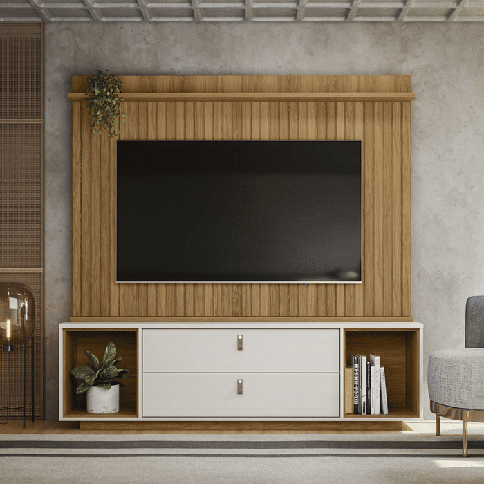 Estante Home Para TV 75 Polegadas com Rodízios Embutidos Lukaliam Dakar Freijó/Off White