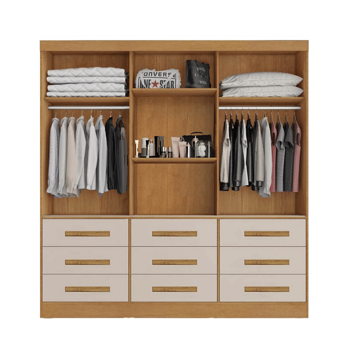 Guarda-Roupa Casal Athenas com Espelho 3 Portas 9 Gavetas Nature/Off White - Bianchi