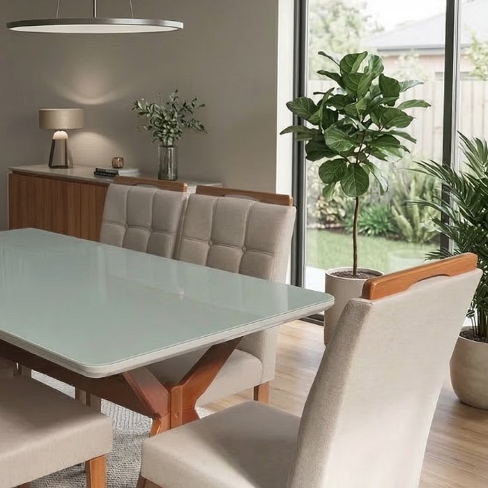 Conjunto de Jantar em Madeira Maciça Elegancia com 6 Cadeiras Pérola - Linho Bege/Cinza