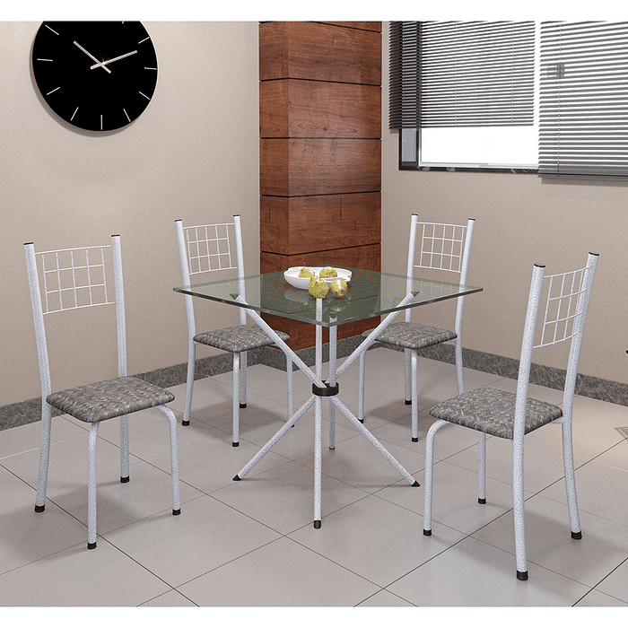 Mesa 4 Cadeiras Tubular Martelado Tampo de Vidro 75x75 Pérola Dani 048 - Soma