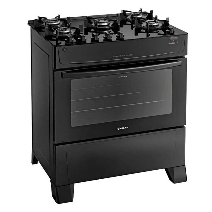 Fogão 5 Bocas Mesa de Vidro Atlas Mônaco Top Glass Automático Preto