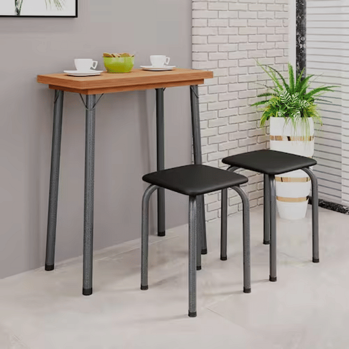 Conjunto Mesa Dobrável Soma Luana 68×68 cm com 4 Banquetas - Preto Prata / Cinamomo