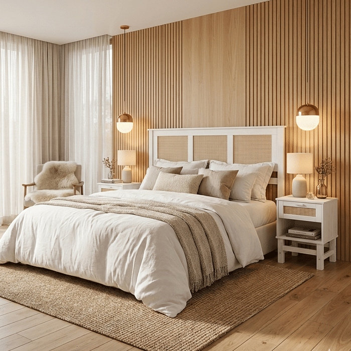 Kit Cabeceira KING + Mesa de Cabeceira Gaveta e Nicho de Rattan Nature na Cor Branca