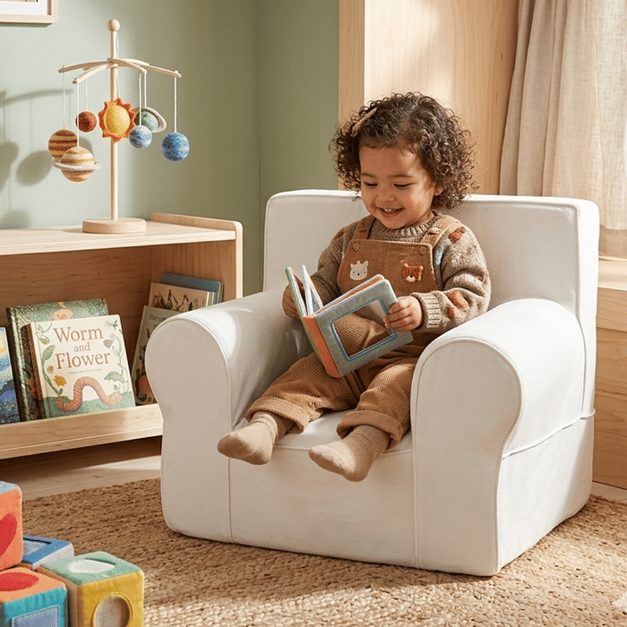 Mini Sofá Poltrona Infantil Off White de Espuma com Alça de Transporte e Capa Lavável