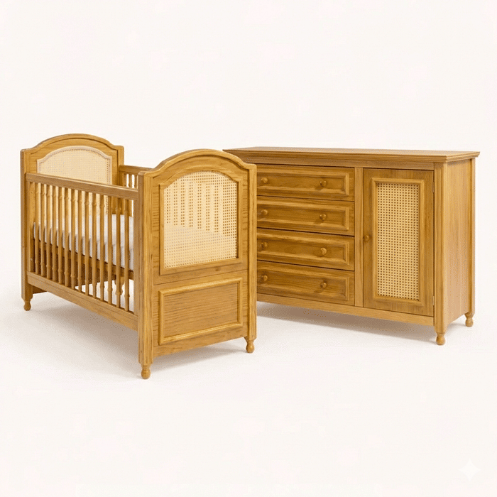Kit Feliz Berço 2 em 1 e Cômoda 4 Gavetas e 1 Porta com Rattan em Madeira Maciça Mel
