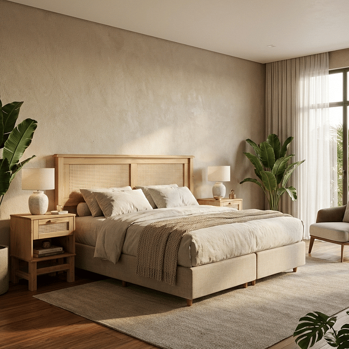 Kit Cabeceira + Mesa de Cabeceira 1 Gaveta de Rattan Nature