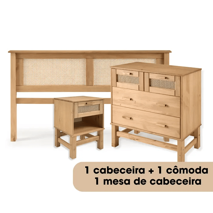 Kit Cabeceira + Cômoda + Mesa de Cabeceira 1 Gaveta de Rattan Nature
