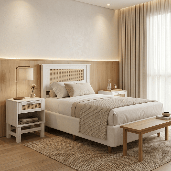 Kit Cabeceira SOLTEIRO + Mesa de Cabeceira 1 Gaveta de Rattan Nature na Cor Branca