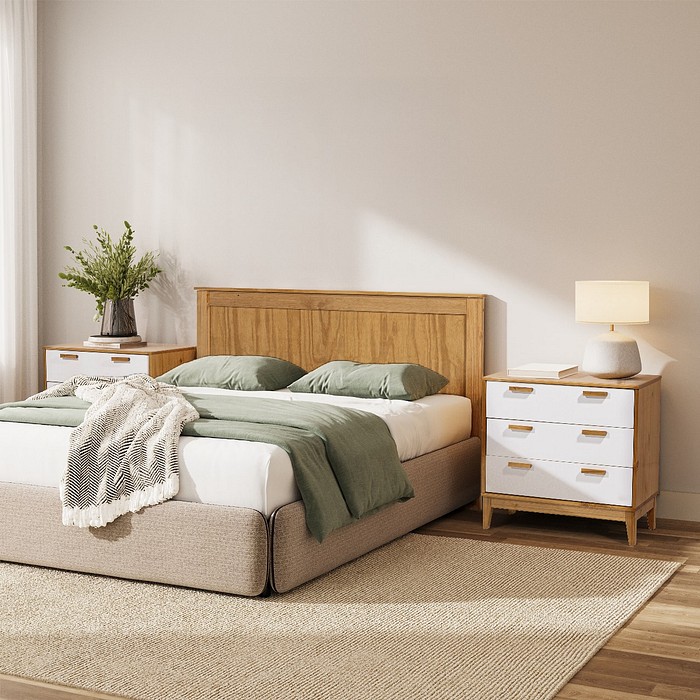 Mesa de Cabeceira Alamo 3 Gavetas Grandes em Madeira Natural + Branco