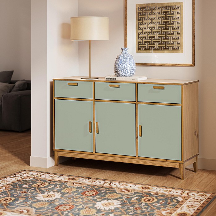 Balcão Alamo 3 Portas e 3 Gavetas em Madeira Natural + Verde