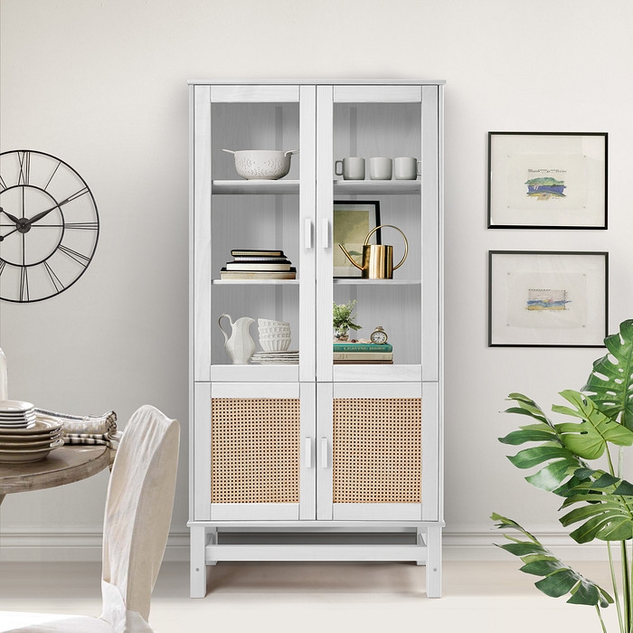 Cristaleira Nature em Madeira, Vidro e Rattan 04 Portas na Cor Branca