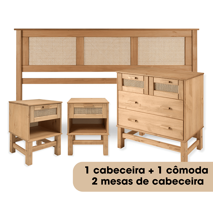 Kit Cabeceira KING + Cômoda + 2 Mesas de Cabeceira 1 Gaveta de Rattan Nature