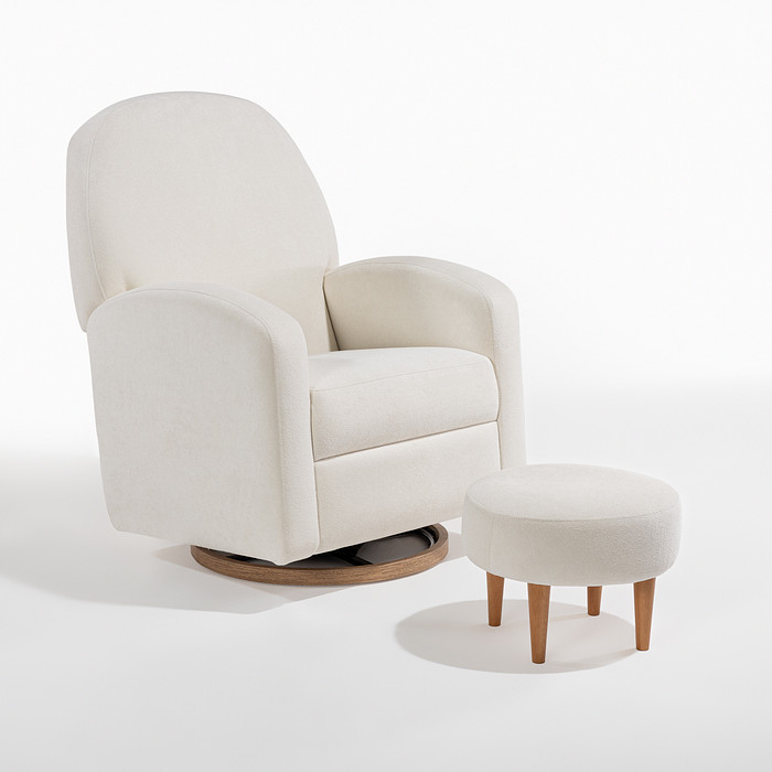 Poltrona de Amamentação Nina Giratória com Balanço e Puff Bouclé Branco