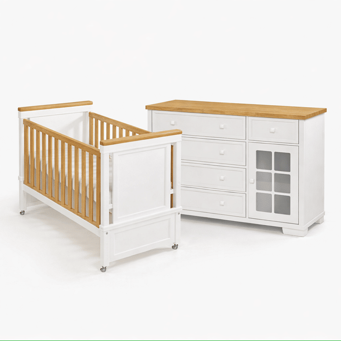 Kit Encanto Berço 2 em 1 e Cômoda 4 Gavetas e 1 Porta com Vidro em Madeira Maciça Branco + Mel