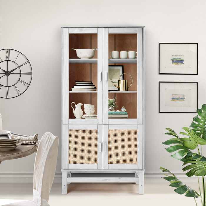Cristaleira Nature em Madeira, Vidro e Rattan 04 Portas na Cor Branca