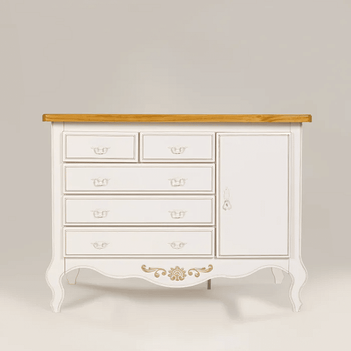 Cômoda Entalhada 5 Gavetas e 1 porta Branco Provençal com Tampo Mel
