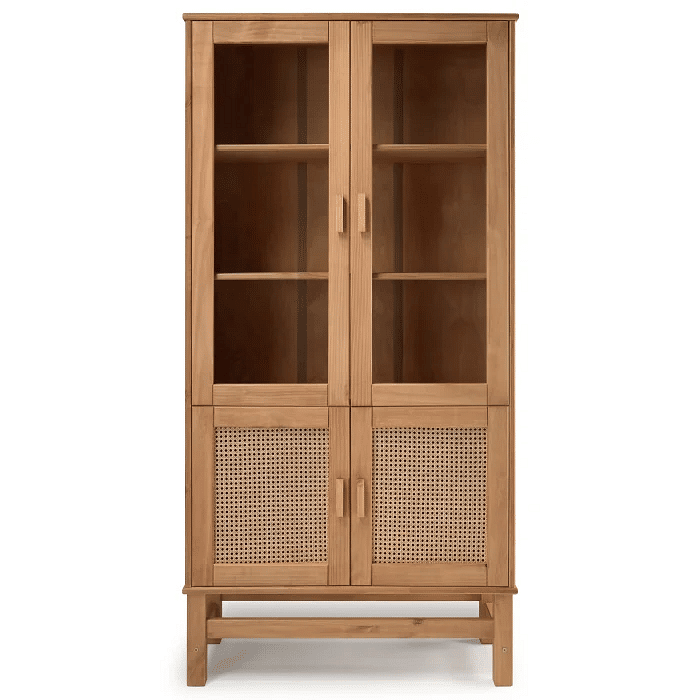 Cristaleira Nature em Madeira, Vidro e Rattan 04 Portas