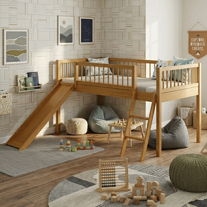 Cama Infantil Com Escorregador Bloomie em Madeira Maciça Pinus Mel