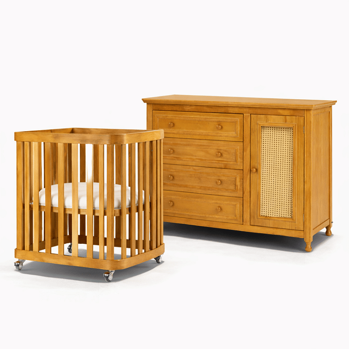 Kit Berço 3 em 1 + Cômoda 4 gavetas e 1 Porta com Rattan Mel | Linha Feliz + 1,2,3