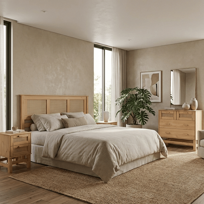 Kit Cabeceira KING + Cômoda + 2 Mesas de Cabeceira 2 Gavetas de Rattan Nature