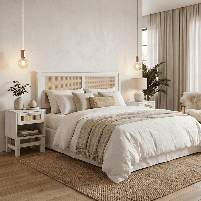 Kit Cabeceira + Mesa de Cabeceira 1 Gaveta de Rattan Nature na Cor Branca