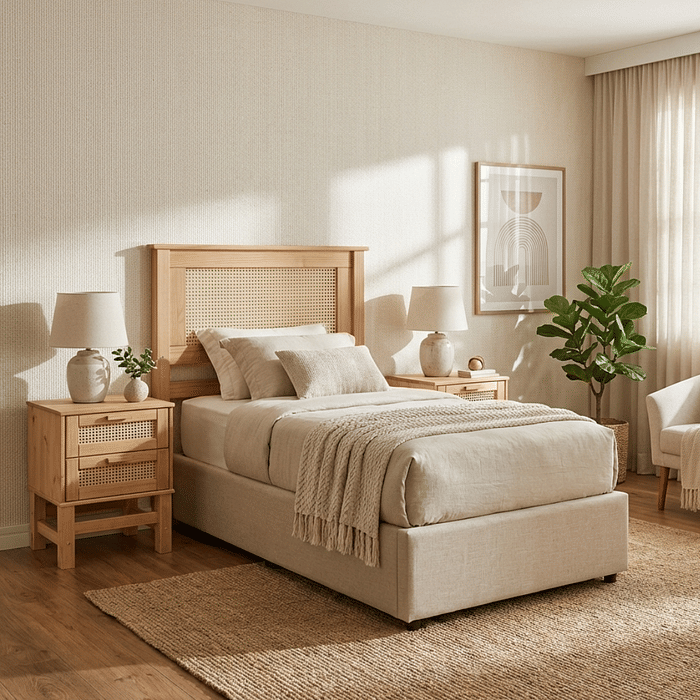 Kit Cabeceira SOLTEIRO + 2 Mesas de Cabeceira 2 Gavetas de Rattan Nature