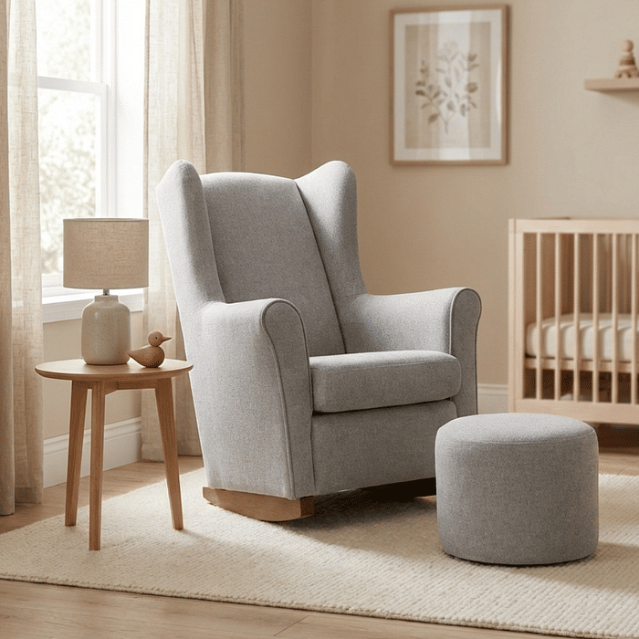 Poltrona de Amamentação Cloud com Balanço e Puff Linho Cinza