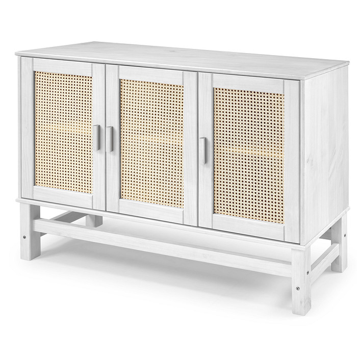 Balcão Buffet Nature em Madeira e Rattan Natural 03 Portas na Cor Branca 