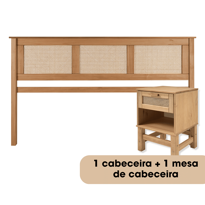 Kit Cabeceira KING + Mesa de Cabeceira 1 Gaveta de Rattan Nature