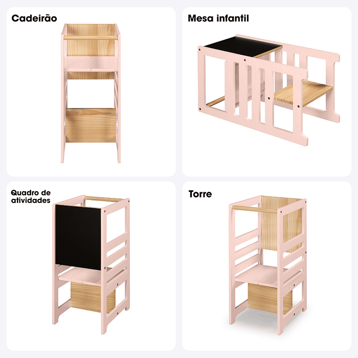 Torre de Aprendizagem Montessori 4 em 1 Rosa Cadeirão Ajustável, Mesinha de Atividades, Quadro de Desenhos