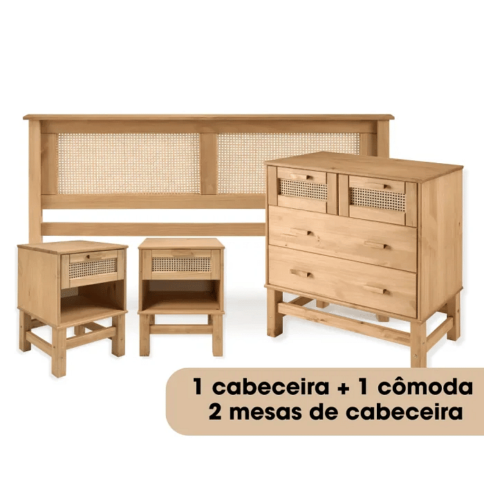 Kit Cabeceira + Cômoda + 2 Mesas de Cabeceira uma Gaveta de Rattan Nature