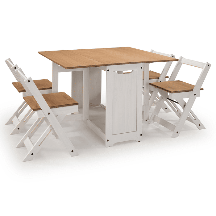 Mesa Dobrável Borboleta com 4 Cadeiras em Madeira Maciça de Pinus Branca Cera