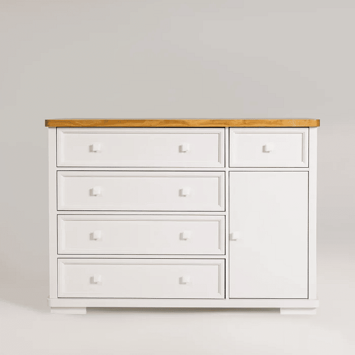 Cômoda Encanto 5 Gavetas e Porta Fechada Branca com Tampo Mel