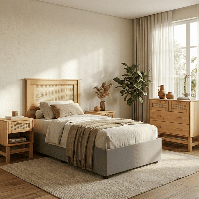 Kit Cabeceira SOLTEIRO + Cômoda + 2 Mesas de Cabeceira 1 Gaveta de Rattan Nature