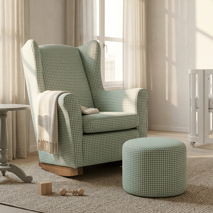 Poltrona de Amamentação Cloud com Balanço e Puff Xadrez Verde