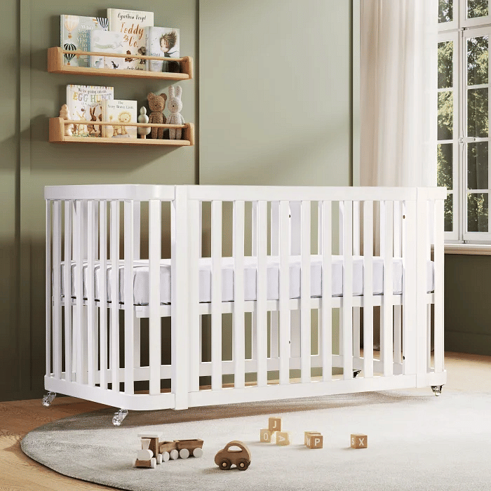 Berço Evolutivo 1,2,3 de Madeira Maciça 3 em 1 Branco com Rodinhas