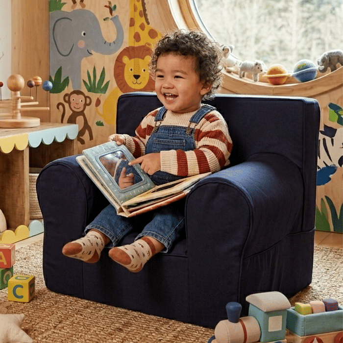 Mini Sofá Poltrona Infantil Azul Marinho de Espuma com Alça de Transporte e Capa Lavável