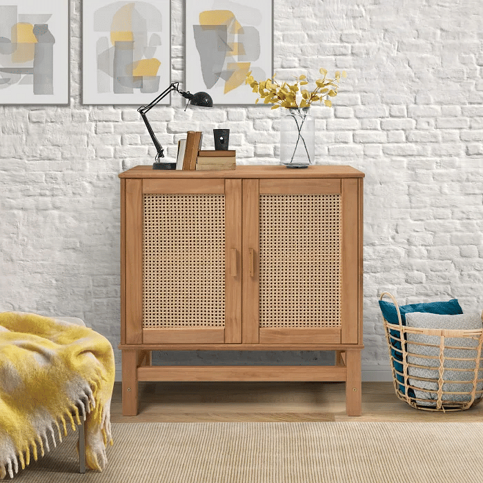 Balcão Buffet Nature em Madeira e Rattan Natural 02 Portas