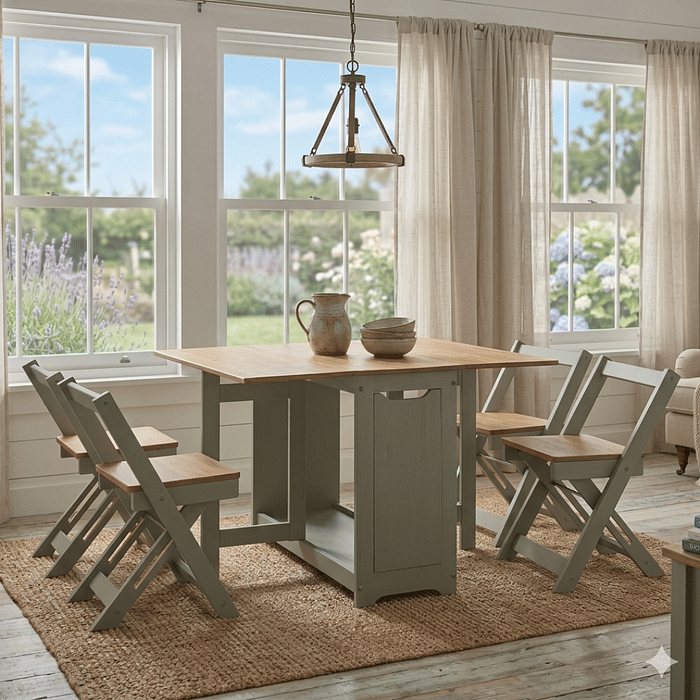 Mesa Dobrável Borboleta com 4 Cadeiras em Madeira Maciça de Pinus Cinza Cera