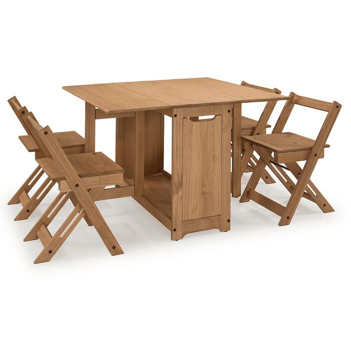 Mesa Dobrável Borboleta com 4 Cadeiras em Madeira Maciça de Pinus Cera
